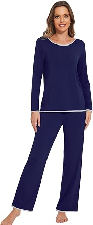 WiWi Womens Pajamas Set Soft Long Sleeve Tops and Pants Viscose from Bamboo Sleepwear Lightweight Pj Loungewear S-XXL