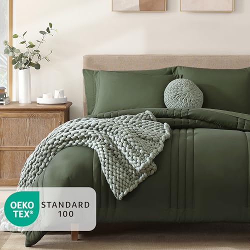 Image of Monbix Oversized Queen Size Comforter Set - 7 Pieces Bed in a Bag, Olive Green Bedding Sets with Comforter, All Seasons Comforter Bed Set with Sheets, Pillowcases & Shams