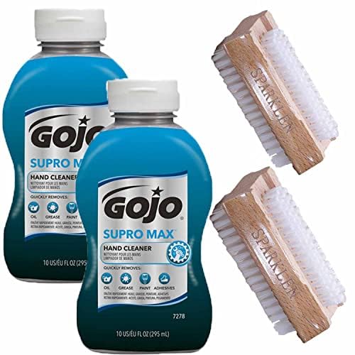 SPARKLEN. GOJO Supro Max Heavy Duty Cleaner Scrub, 2 Bottles 10 OZ each [Total of 20 Oz.] with 2 Sparklen Wooden Nail Brushes