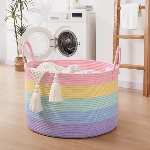 Image of 67L Large Rainbow Blanket Basket, Cotton Rope Baby Laundry Hamper with Handles, Kids Toy Basket for Classroom & Nursery, Soft Round Stuffed Animal Storage, Dog Toy Bin - 20 inchx13 inch, Light Rainbow