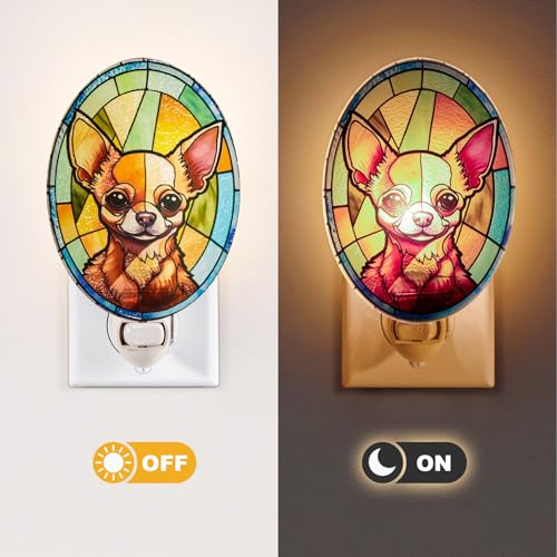 Image of Dog Night Light Chihuahua, Stained Glass Styled Plug-in Wall Nightlight, Bulb Included, Pet Memorial Dog Lover Gift, Bedroom Hallway Bathroom Decor, Manual On /Off Switch