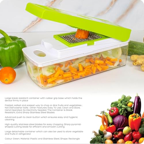 Image of 15 in 1 Vegetable Chopper | Manual Food Chopper for Kitchen | Onion, Garlic Cutter /Slicer /Grater /Dicer with Container | Steel Blades | Green