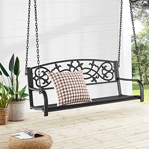 Giantex Patio Metal Porch Swing, 2-Person Hanging Porch Swing Bench with Sturdy Chains & Retro Pattern Backrest, 485 Lbs Weight Capacity Loveseat for Garden, Yard, Front, Outdoor Swing Chairs (Black)