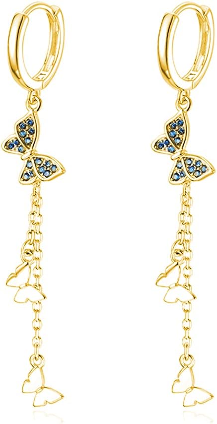 SLUYNZ 925 Sterling Silver Butterfly Dangle Earrings Tassel for Women CZ Butterfly Hoop Earrings Chain