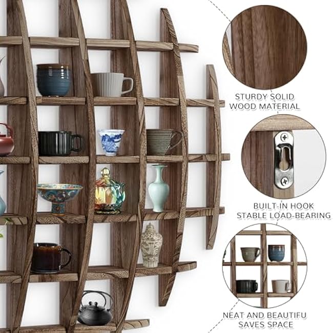 Wood Teapot Display Wall Decoration - 39 x 39 Brown Wall Mounted Sphere Solid Wooden Mug Cup Holder Display Shelf for Home Office Decoration