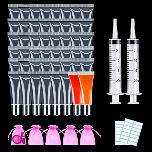 Lip Gloss Tubes 50PCS 12ml Clear Empty Lip Balm Containers With Silver Cap,Refillable Soft Cosmetic Tubes For DIY Lip Gloss/Travel Toiletries With 2 20ml Syringes