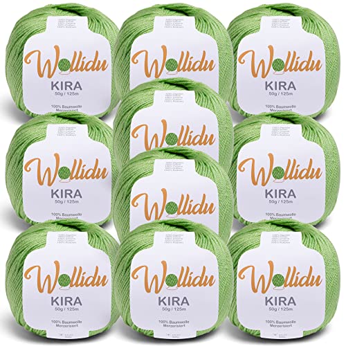 Wollidu Kira 100% algodón, 10 x 50 g, para tejer y ganchillo, color verde claro