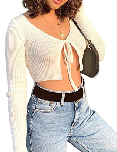 xxxiticat Women's Front Tie Up Crop Top Shirt Long Sleeve Lace Up Knitted Open Cardigan V Neck Bolero Cropped Basic Tees