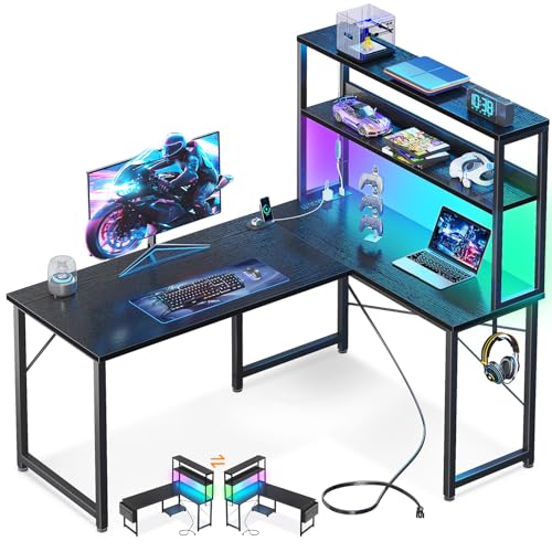 Casaottima Gaming Desk with Power Outlets & LED Lights, 43 Inch Reversible L Shaped Computer Desk...