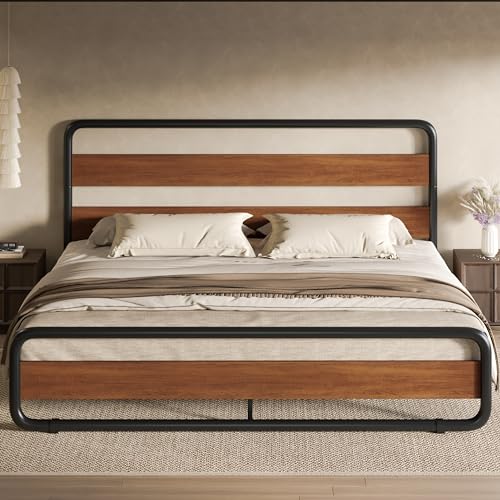 Image of SHA CERLIN Queen Size Metal Bed Frame with Wooden Headboard, Walnut