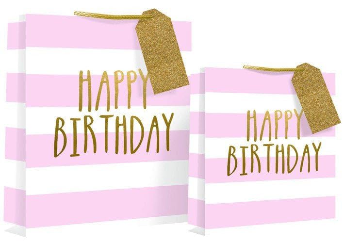 Bags of Room - Happy Birthday Design Gift Bag 26 x 14 x 33cm - Pink Candy Stripe Large