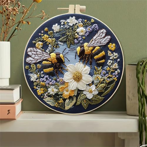 Image of Huacan Embroidery Kit for Beginners Adults Includes Stamped Bees Pattern, Hoop, Color Threads,Tools,Easy to Follow Instruction