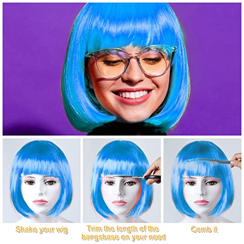 Image of PLULON Sky Blue Bob Wig and Sunglass Set, Neon Short Bob Wig Sunglass Pack Costume Colorful Cosplay Wig Hairpieces for Bachelorette Neon Party Favors, Halloween Decorations