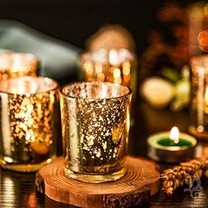 Decent Glass Set of 6 Silver Mercury Votive Tealight Candle Holders for Diwali & Christmas, Lighting Decoration, Corporate Gifts, Home Decor (Gold, 6)