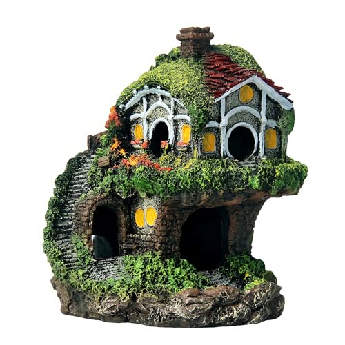Image of RVQIGYPFish Tank Decoration Hobbit Cabin, Magic Underwater Cabin, elf House Aquarium Decoration, Hand-Carved Resin Material Anti-Fading Medium and Large Fish Tank Landscaping +Water Plants