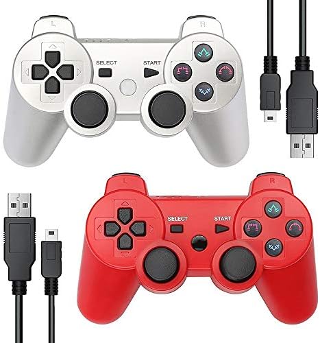 Autker PS3 Controller Wireless Game Controller with Double Vibration & 2 Charging Cable 2 Pack Gamepad Compatible with Playstation 3 (Silver+Red)