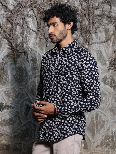Image of Thomas Scott Men Slim Fit Pure Cotton Corduroy Floral Printed Semi-Formal Shirt