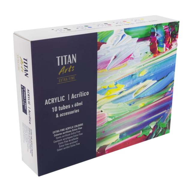 Titan Arts Extra Fine farby akrylowe w drewnianej skrzynce I tubka 10 x 60 ml, z akcesoriami