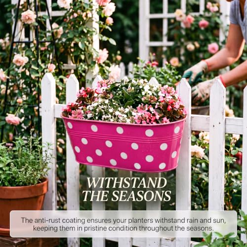 Image of TrustBasket Dotted Oval Railing Planters Basket - Magenta (Set of 5) | Heavy-Duty UV Stabilized Metal Flower Pots for Railings, Fence & Balcony, Indoor Outdoor Herb, Flower & Decorative Plants