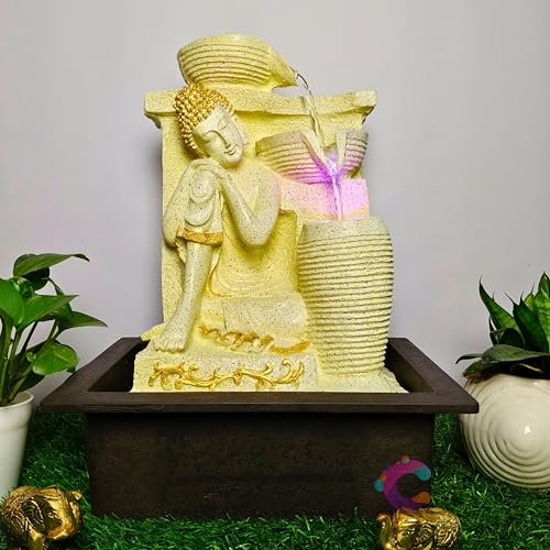 Image of Decorative Water Fountain for Home Decor, Office, Indoor & Outdoor, Garden, Puja Room, Vaastu, Reception, Spa, Gifting. (Yellow Stone Sleeping Buddha)