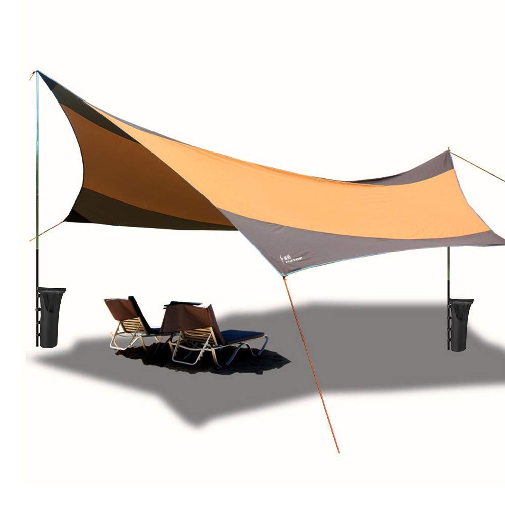TentHome Large Lightweight Camping Tarp Shelter Sun Shade Awning Canopy with Poles and Sandbag for 5-8 Person (Brown (with Heavy iron pole))