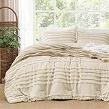 BEDELITE Boho Comforter Set Queen Size, Beige Tufted Striped Bed Set 3 Pieces, Soft Cream Vintage Farmhouse Comforter for All Seasons, Boho Home Decor,Fluffy Jacquard Bedding with 2 Pillow Shams