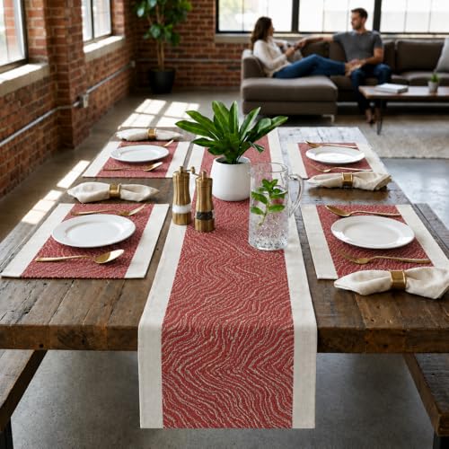 Image of YELONA Placemats and Table Runner Set - Heat Resistant, Non-Slip & Washable PVC Vinyl Dining Table Mats - Berry Red (4 Placemats: 45x30 cm, 1 Runner: 180x30 cm)