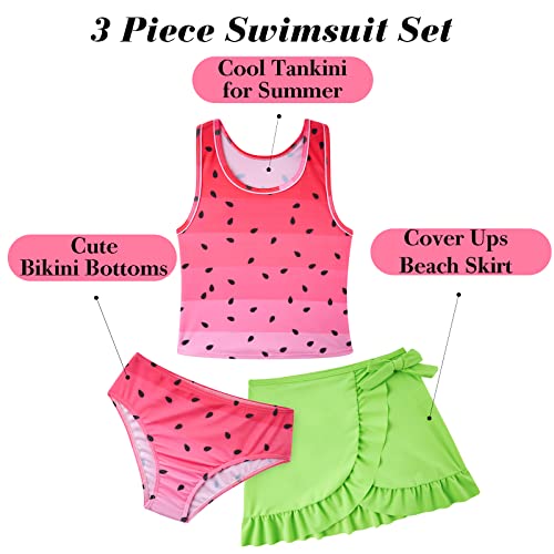 Girls Swimsuits 3 Piece Tankini Bathing Suit Set Cute Bikini Swimwear with Cover Ups Beach Skirt 5-16 Years