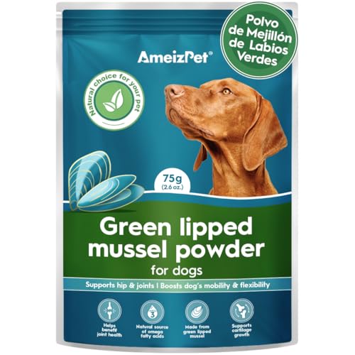 AmeizPet Polvo de Mejillón de Labios Verdes para Perros, Cuidado de la Cadera y Articulaciones Canino, Condroprotector para Perros con Omega 3 y Moule Verde para Mejorar la Movilidad, 75 g (2.6 Oz.)