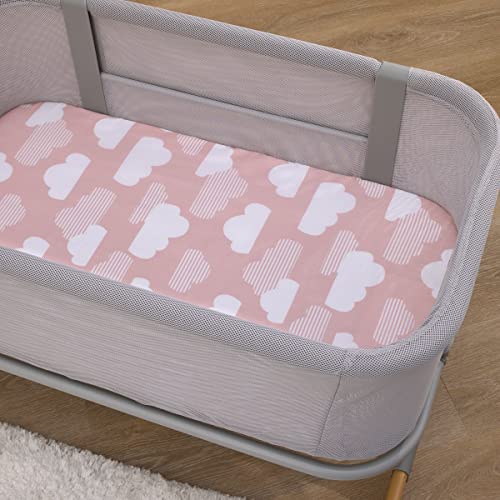 Image of Skip Hop Cozy-Up 2-in-1 Bedside Sleeper Pink and White Clouds 100% Cotton Fitted Bassinet Sheet