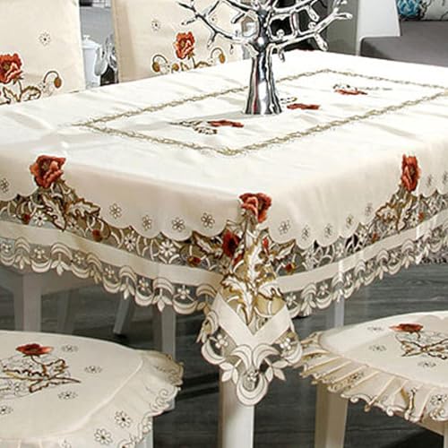 Lelehome TABLECLOTH-STYLE5 57 Inch Square Flower Embroidered Tablecloth Vintage Tassel Floral Beige Table Cloth cover
