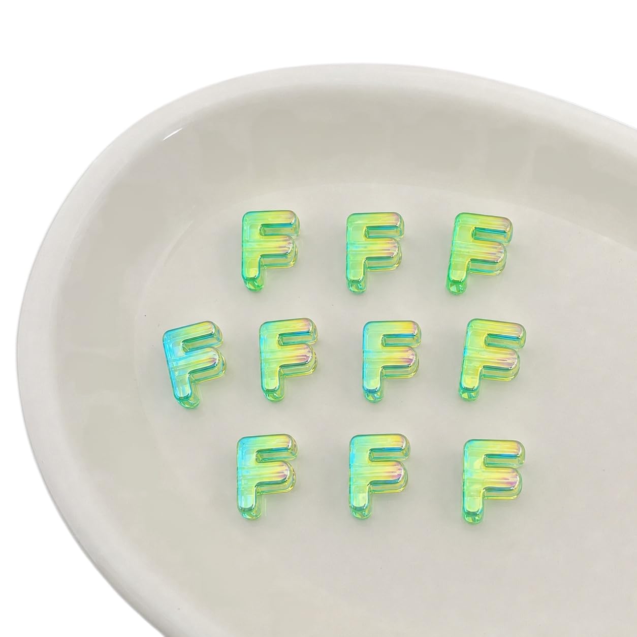 Letter Beads 10pcs, Large Acrylic Alphabet Beads with 6mm Hole, Iridescent Holographic UV Plated for Bracelet Making, Jewellery, Keyrings & Craft (Iridescent Green, Letter F)
