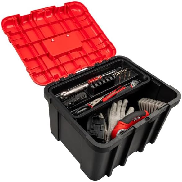Plastic Tool Box Organizer - 18.7” Extra Large Portable Toolbox with Removable Tool Organizer Tray and Deep Storage Box - Heavy Duty Plastic Toolbox Caddy Tote with Handle by Stalwart (Red)