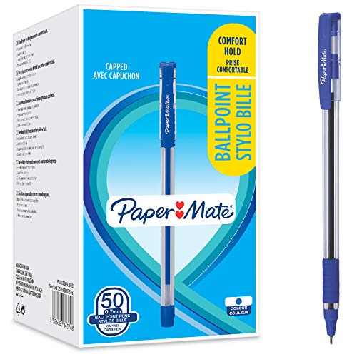 Paper Mate 2084374 Bolígrafos, agarre cómodo, Punta fina (0,7 mm), Azul, 50 unidades