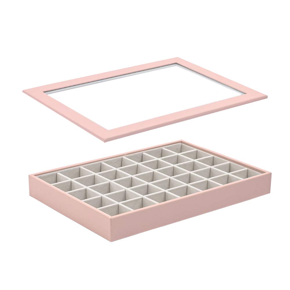 VEE&CO.Vee Stackable 35 Gird Jewelry Tray with Stalinite Lid, High-Capacity Jewelry Display Showcase Organizer Holder for Necklace, Bracelet, Ring, Earring (Pink)