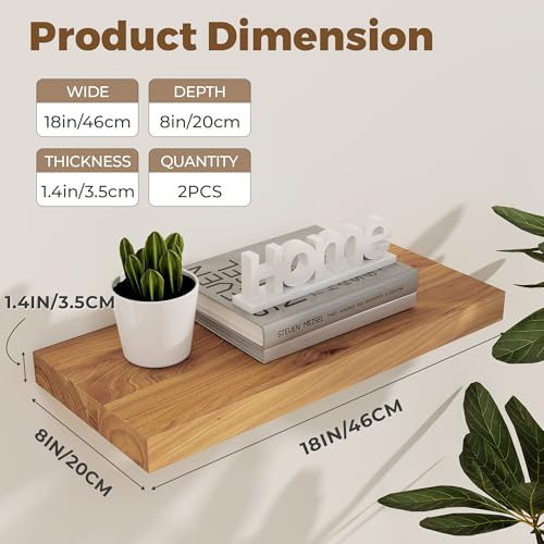 Image of 18'' Floating Shelves for Wall, 8''D Rustic Solid Elm Shelves, Natural 2PCs