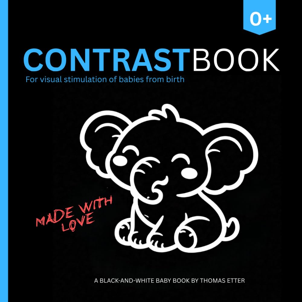 High-contrast book for babies – visual stimulation for infants. Baby book from 0 months with black-and-white images for newborns.