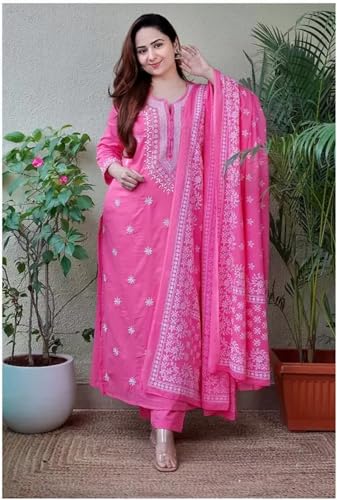 Image of BHARVITA Women's Cotton Embroidered Chikankari Work Straight Kurta Dupatta Pant Set