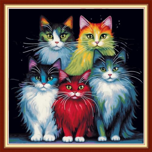 Image of Dimxvean Stamped Cross Stitch Kits,Cross Stitch Kits for Adults Beginners,Embroidery Kits Full Range of Cross Stitch Stamped Kits Needlepoint Kits Cross Stitch Patterns-Colorful Cat 18x18 inch