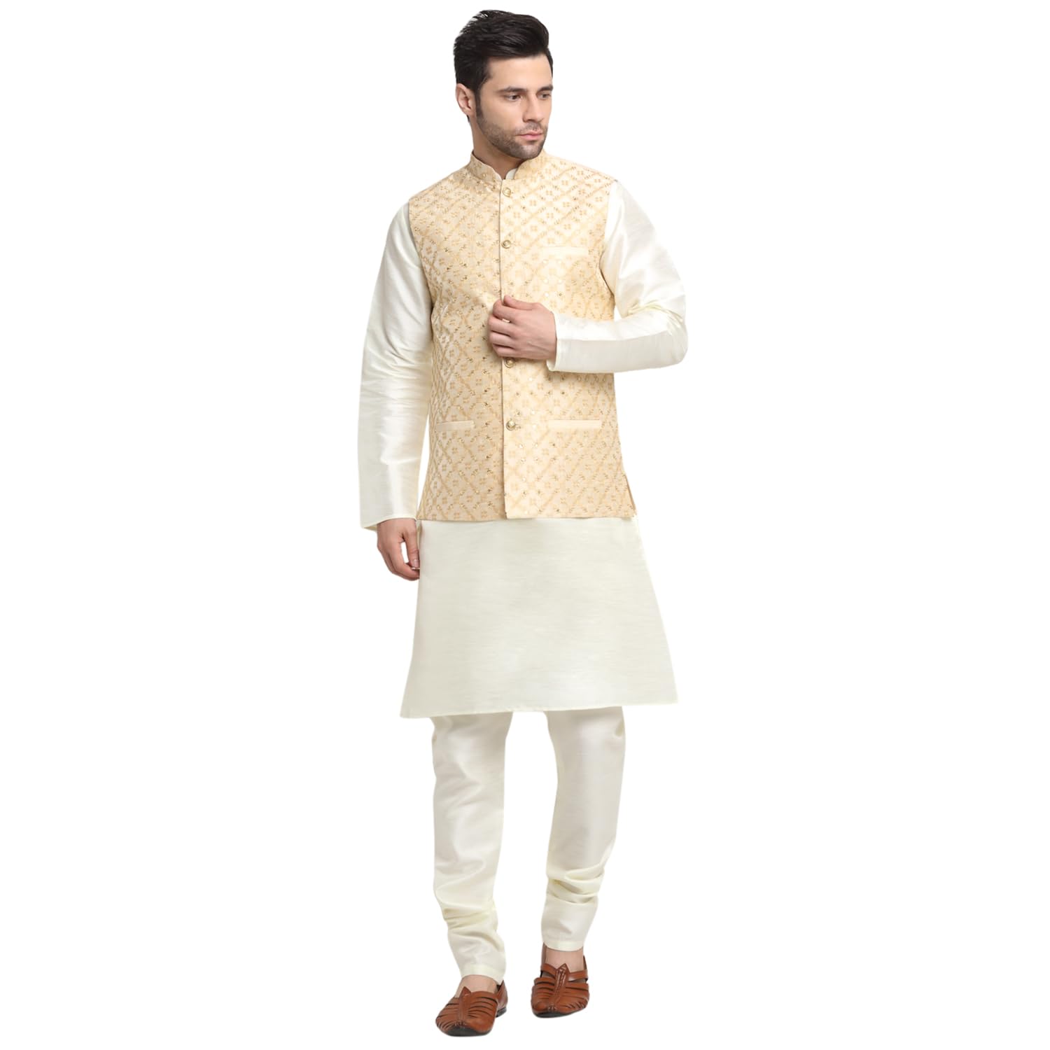 kraft india Men's Ethnic Wear Silk Cream Kurta Churidar With Embroided Zari Nehru Jacket Set-picture-38