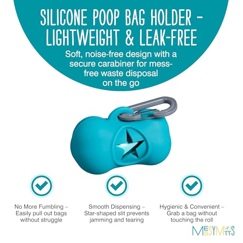 Image of Messy Mutts Silicone Dog Waste Bag Holder | Dog Poop Bag Dispenser with Carabiner and Bags | Unscented Roll Included - 15 bags | Leash Essential | (Blue)