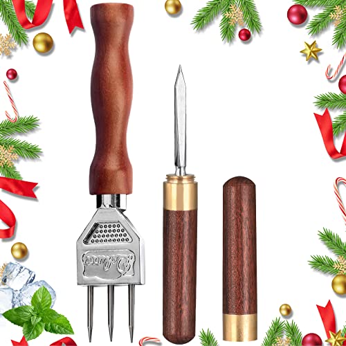 Ice Pick Set of 2 Three Pronged lce Pick, Stainless Steel Ice Pick with non-slip Wood Handle, Durable Carving Bartender Tool(7inch 2pcs)