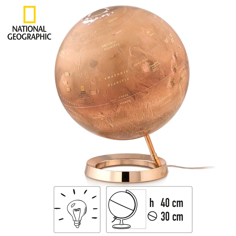 Tecnodidattica - Mappamondo National Geographic Marte| Accurata Cartografia fisica del Pianeta Rosso | Luminoso e girevole | Base in nylon | Design Studio Tools | Diametro 30 cm