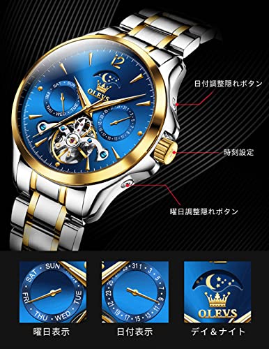 Image of OLEVS Men's Wristwatch, Popular, Mechanical Watch, Men's, Automatic Winding, Skeleton, Moon Phase, Business, Gentleman, Waterproof, Date, Calendar, Blue, Watch for Men, blue, Bracelet Type
