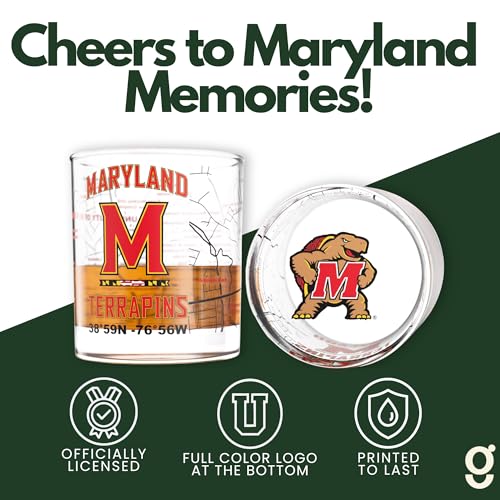 Image of Greenline Goods University of Maryland Terrapins Whiskey Glasses Set of 2, 10 oz Rocks Glasses with Full-Color Logo & Campus Map - Officially Licensed Bourbon Glass Gift for Alumni & Fans