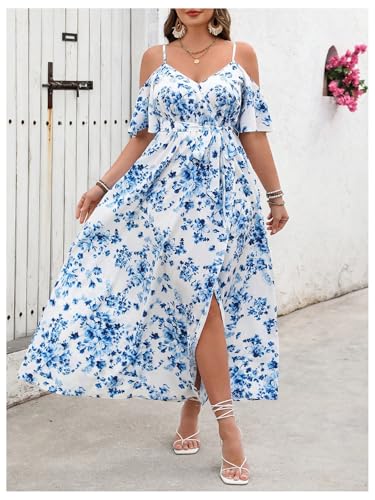 Image of Floerns Women's Plus Size Cold Shoulder Short Sleeve Split Thigh Long Dress