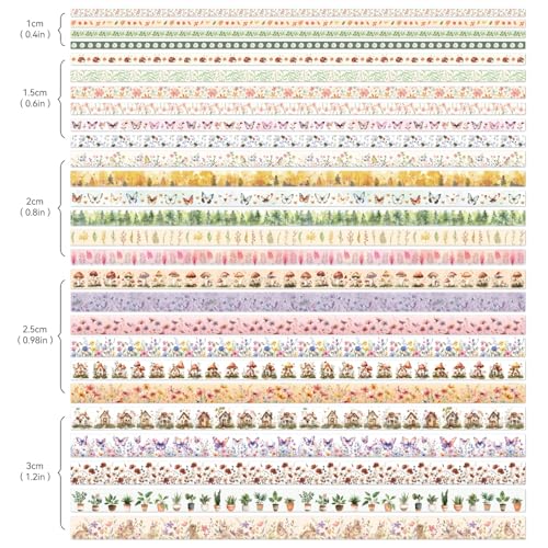Image of PAGEMORE 27 Rolls Vintage Washi Tape Set, Floral Butterfly Forest Mushroom Botanical Flower Writable Decorative Tapes for Scrapbooking, Junk Journal Supplies, Bullet Journaling 9.84ft Long /Roll