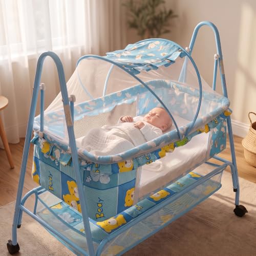Image of BAYBEE Clora Baby Cradle and Swing with Mosquito Net | Jhula Palna for Newborns | 360 Rotating Lockable Wheels & Storage Basket | Blue
