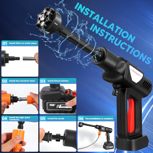 Akku Hochdruckreiniger, Max 36 Bar/522 PSI Tragbarer Pressure Washer mit 6-in-1 Multi-Sprühdüse, 2 x 10000mA Akku, 5M Schlauch, Schaumsprüher, für Auto, Garten, Fenster, Pool – Bild 3