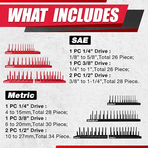 Image of EACELIY Socket Organizer Tray Set,1 /2 inch, 1 /4 inch and 3 /8 inch SAE & Metric Deep & Shallow Socket Holder Kit, Deep and Shallow Socket Holders for Toolboxes(sockets not included) 丨8PCS